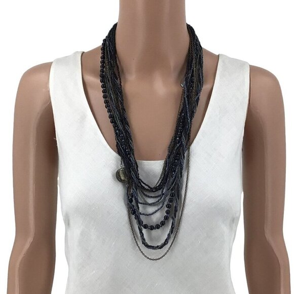 Beaded 14 Strand Necklace Black Gray Gold Tone Boho Style Casual Career - Picture 1 of 2